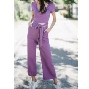 Urban Outfitters Keira Purple Linen Blend Tie Waist Jumpsuit